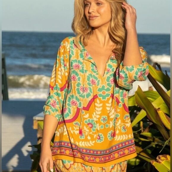 Natural Life NEW Maribel Floral Boho Tunic Top Yellow Pink Tassel Detail Size L - Picture 1 of 5